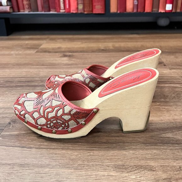 Kenneth Cole Peep Toe Wooden Wedge Clog Backless Heels Sz 9 - Picture 4 of 16